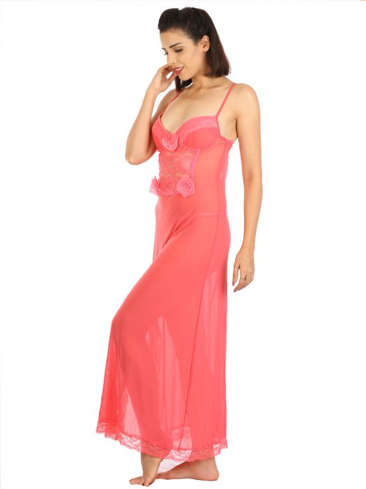 CORAL LOW BACK MESH BABYDOLL WITH ORGANZA ROSE EMBELLISHMENT